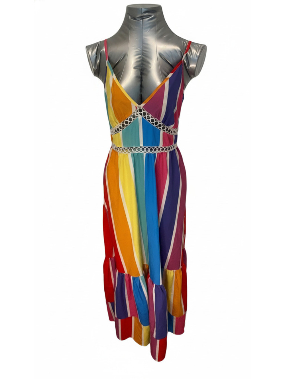 Rainbow Stripe Maxi Dress Boho Festival Beach Vacation Sundress Lace Trim Size M